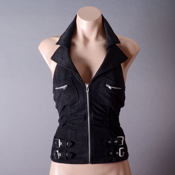 Tops - Black Halter Womens Moto Biker Punk Motorcycle Buckle Steampunk Vest Top Shirt